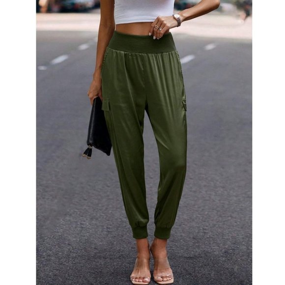 Luxe Look Satin Pocketed High Waist Joggers - Army Green - Picture 2 of 6
